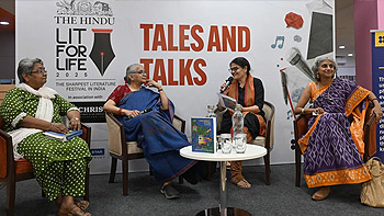Author Shailaja Menon, journalist-writer Sandhya Rao, Radhika Menon, founder of Tulika Books, and Amrita Patwardhan, who moderated the session, at the event held on Sunday. | Photo Credit: M. VEDHAN 