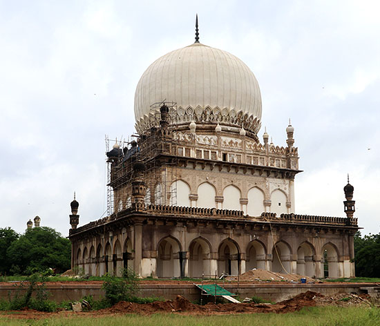 Exterior façade of the Tomb of Abdullah Qutb Shah with scaffolding in place