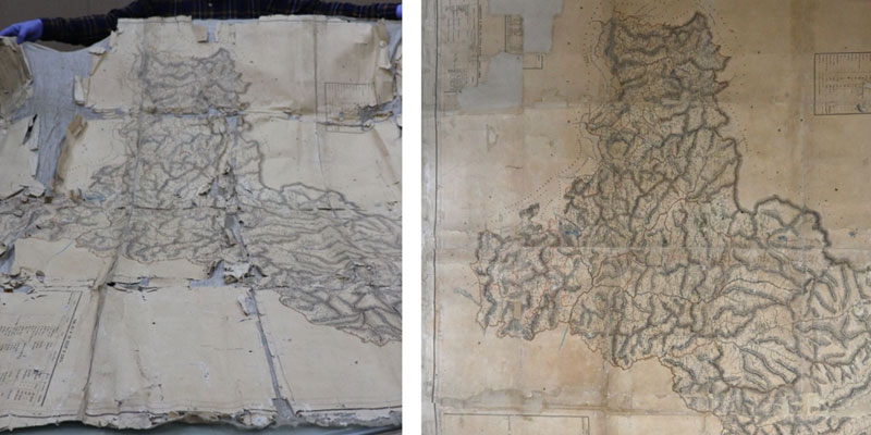 The before and after images of one of the historical maps conserved by the HIMSHACO conservation team